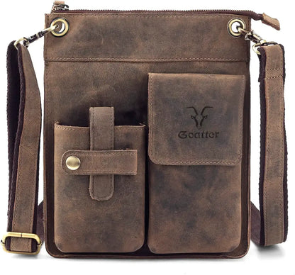 Goatter Men's Hunter Leather 11" Messenger Bag, Coffee