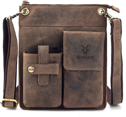 Goatter Men's Hunter Leather 11" Messenger Bag, Coffee