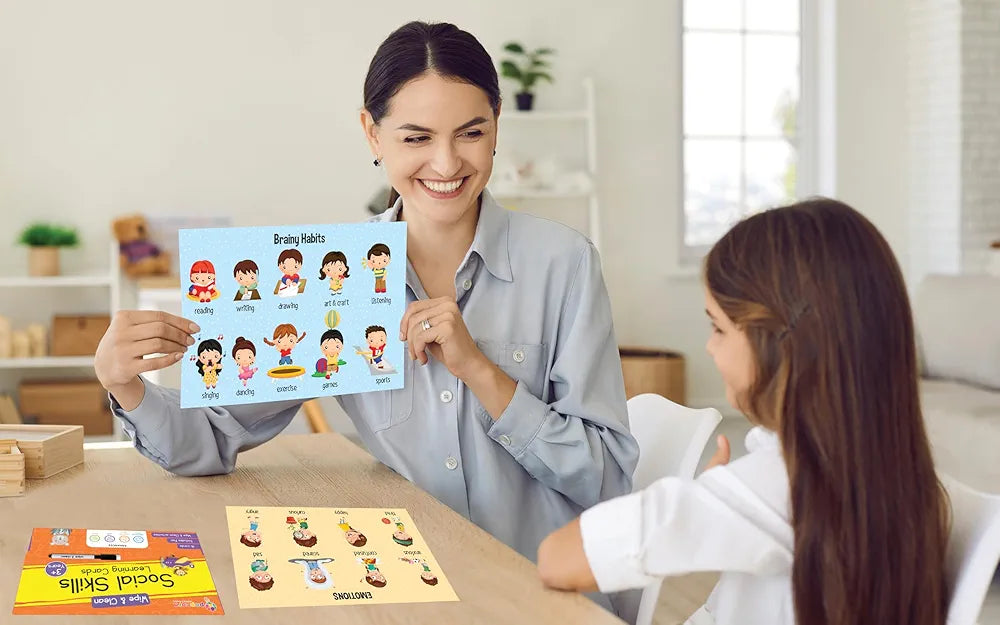 Popcorn Games & Puzzles Interactive Social_Skills Flash Cards 2+ Years Kids: Enhance Communication with Reusable Wipe & Clean Learning Cards 16 Cards with Wipe & Clean Marker