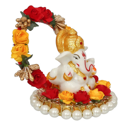 Ecraftindia Resin Lord Ganesha Idol on Decorative Rose Flower Plate | Ganesha Idol for Home Decor