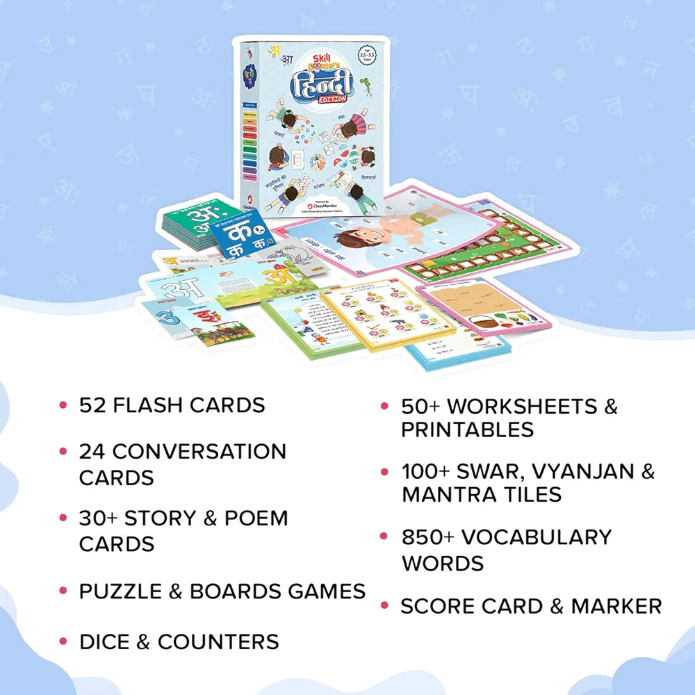 ClassMonitor Hindi Language Learning Kit with Mobile App, 850+ Hindi Vocabulary Words, 100+ Swar, Vyanjan & Matra Tiles, 52 Flash Cards, 24 Conversion Cards, Puzzle for 2-6 Years Kids