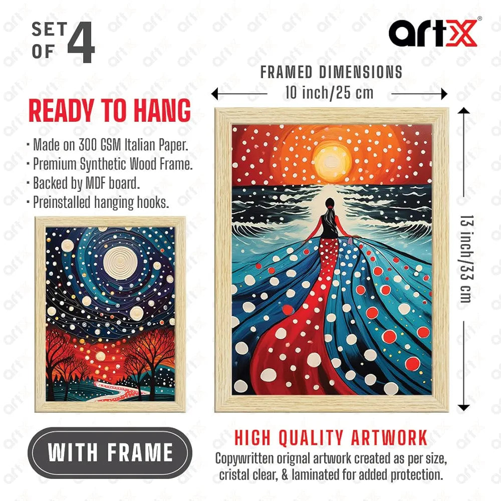 ArtX Paper Women Polka Dots Art Paintings with Frame Set of 4