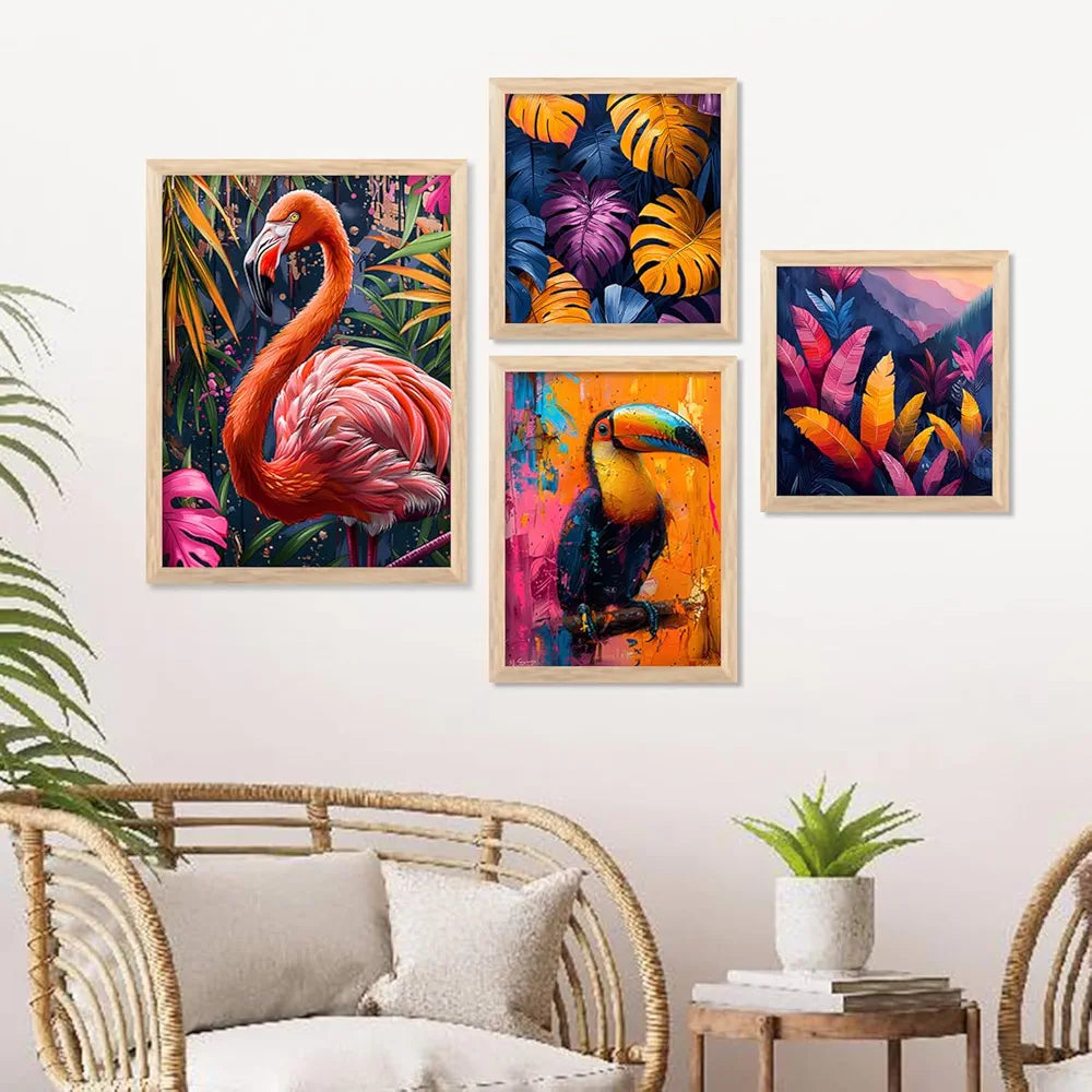 Kotart Nature Inspired Beautiful Flamingo and Botanical Leaf Paintings of 4 frames H