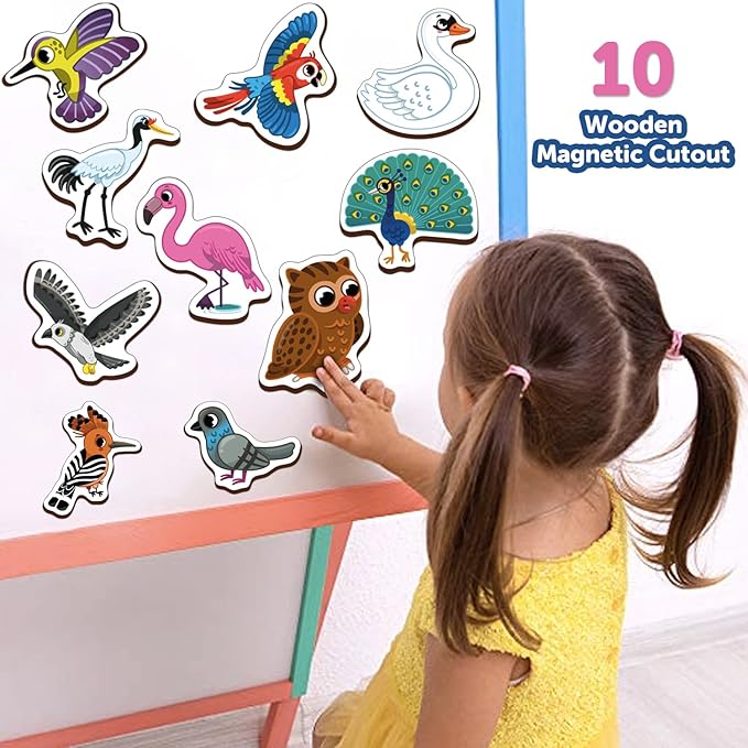 Mini Leaves Jungle Birds Wooden Fridge Magnets | Colorful Shape Learning Toy Set | Preschool Refrigerator Magnet Toys for Kids