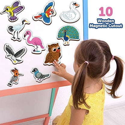 Mini Leaves Jungle Birds Wooden Fridge Magnets | Colorful Shape Learning Toy Set | Preschool Refrigerator Magnet Toys for Kids