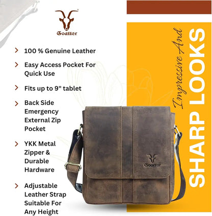 Goatter Genuine Leather Unisex Faster 9.5 Inch Messenger Bag  Gtht-03 - Brown