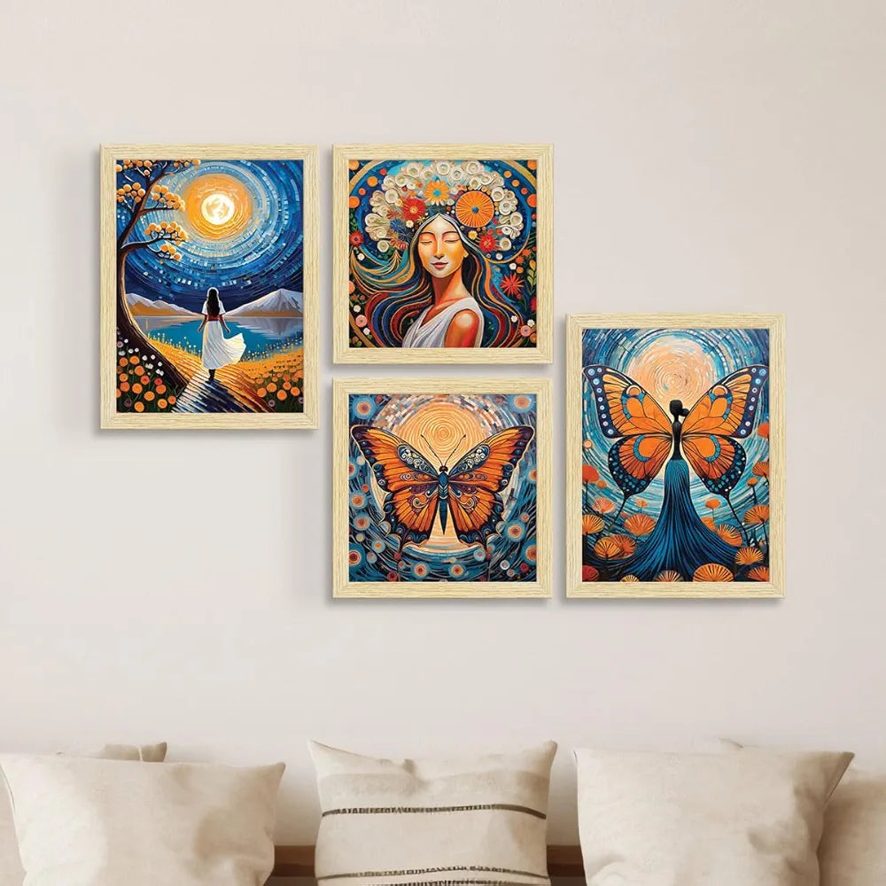 ArtX Paper Women Self Love Butterfly Art Paintings BohoWomen-SO4-01 with Frame Set of 4