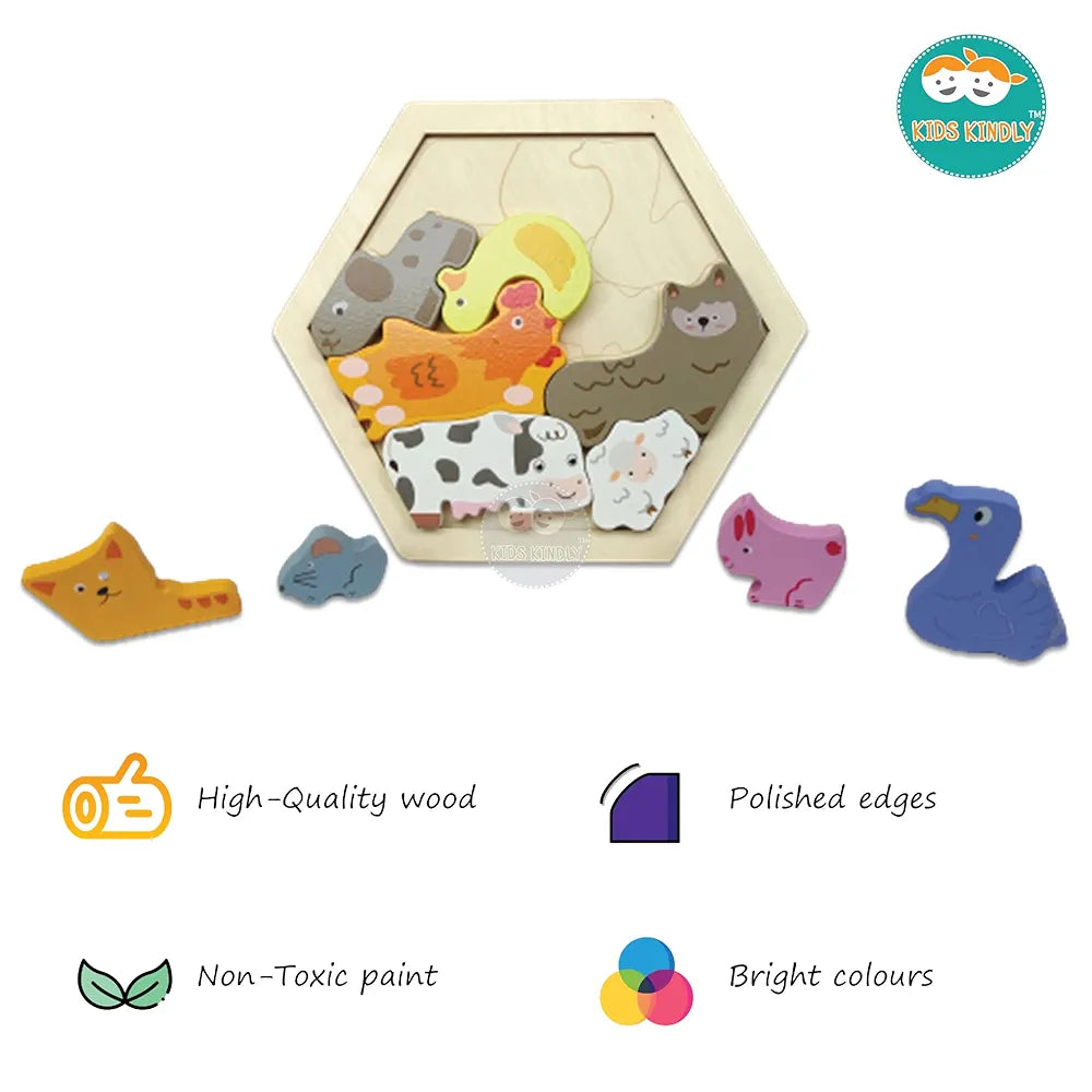 KIDS KINDLY Wooden Stacking & Sorting Puzzle – Farm Animals Theme, Jigsaw Puzzles, Wooden Toys for Kids, Age 3+