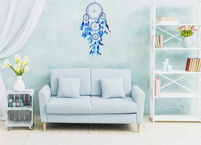 Asian Hobby Crafts Handcrafted Dream Catcher Wall Hanging With Natural Feathers Traditional Blue Boho Style for Room Decor
