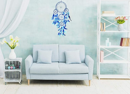 Asian Hobby Crafts Handcrafted Dream Catcher Wall Hanging With Natural Feathers Traditional Blue Boho Style for Room Decor
