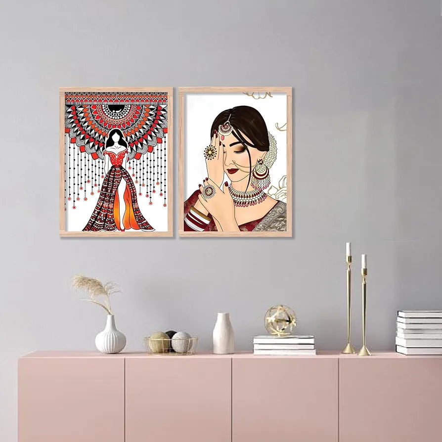 Kotart Indian Woman Digital Painting with Frame Traditional Painting Pack of 2