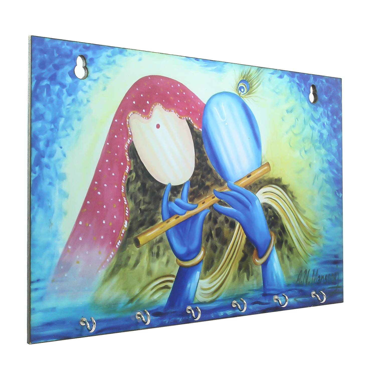 Ecraftindia Radhe Krishna Theme Wooden Key Holder With 6 Hooks