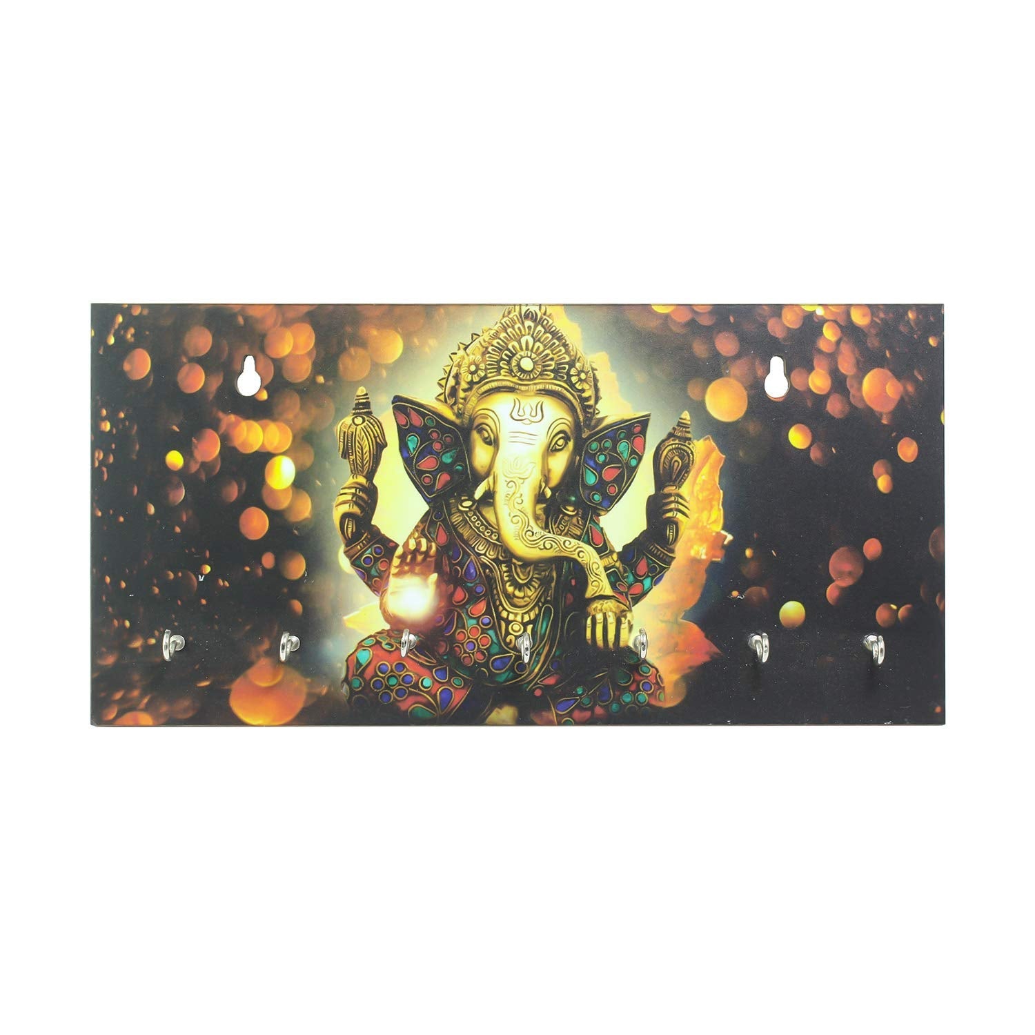 Ecraftindia Lord Ganesha Theme Wooden Key Holder for Wall With 7 Key Hooks