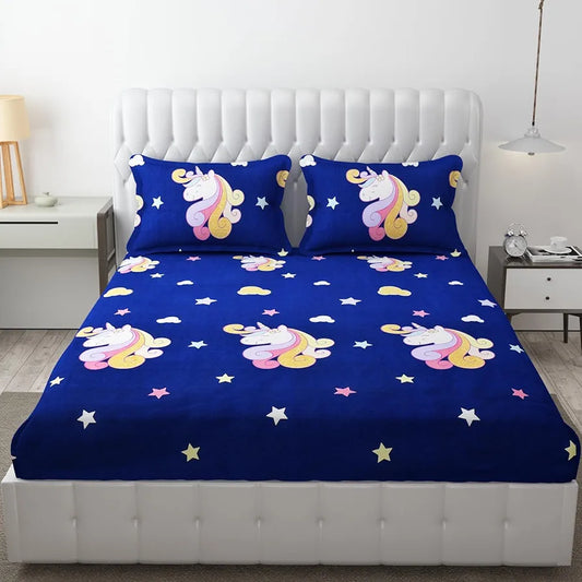 Fresh From Loom Bed Sheet Cartoon Printed Double Bedsheets King Size for Kids with 2 Pillow Cover 144 TC Dinosaur Blue
