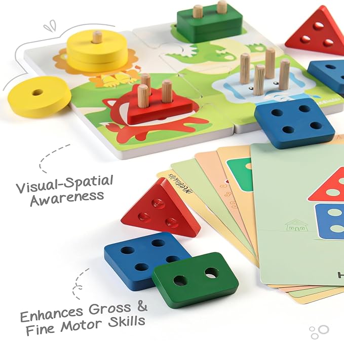 Fristcry Intelliskills Premium 18 Pcs Wooden Geometric Shape Sorter & Flash Card for Kids | Educational Blocks Puzzles for Boys & Girls