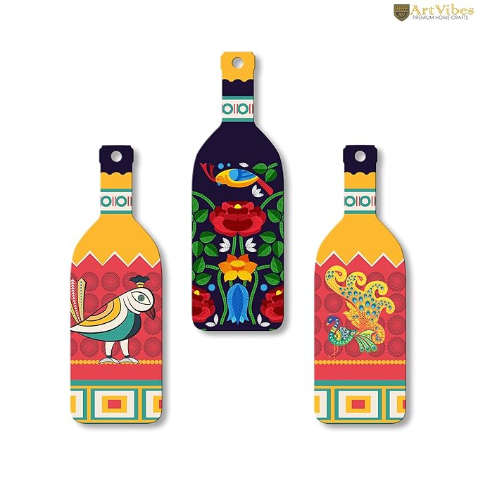 Artvibes Birds and Flower Clip Art Wooden Wall Hanging for Home Decor | Set of 3