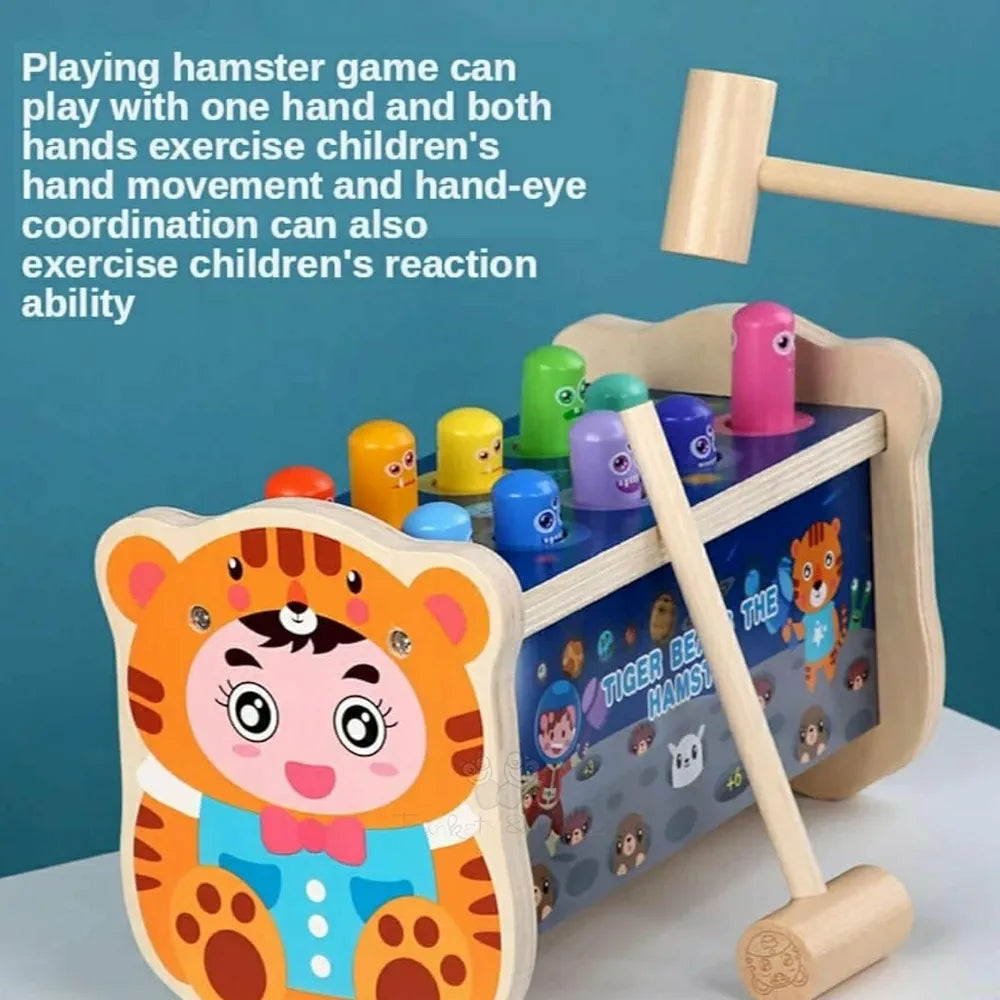 Trinkets & More Kids - Pounding Bench Hammer Toy Tiger Beats The Hamster Set 10 Pegs 2 Hammers 1 Year+ , Multicolor