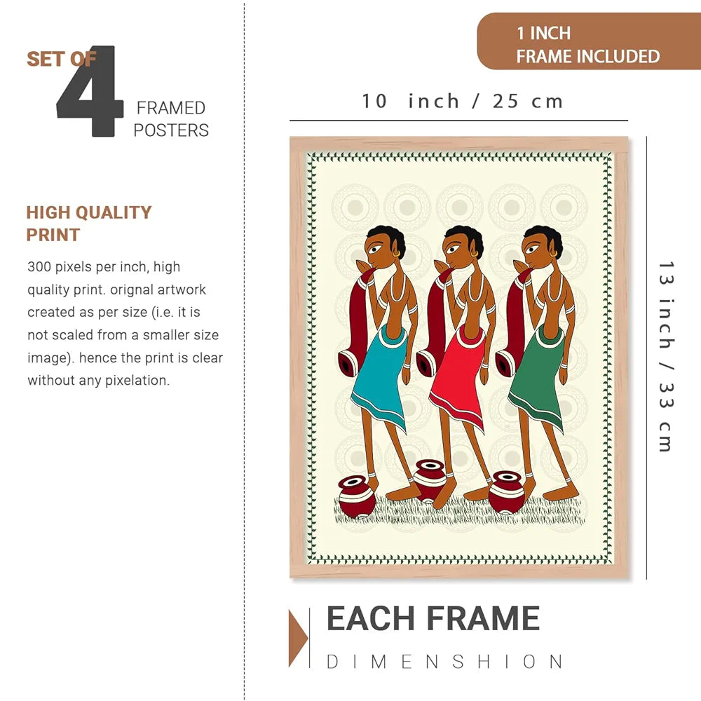 Kotart Gond Art Premium Digital Paintings with Frame Floral Painting Pack of 6 art6