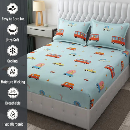 Fresh From Loom 300 TC Glace Cotton Soft Hypoallergenic Elastic Fitted Bed Sheet with 2 Pillow Cover Aqua Bus Queen