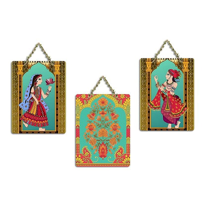 Artvibes Rajasthani Art Wooden Wall Hanging Decoration Item for Home | Set of 3