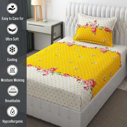Fresh From Loom Single Bedsheet Single Size with 1 Pillow Covers 144 TC Yellow White