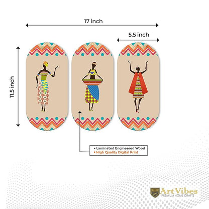 Artvibes African Women Dancing Warli Art Wooden Wall Hanger for Home | Set of 3