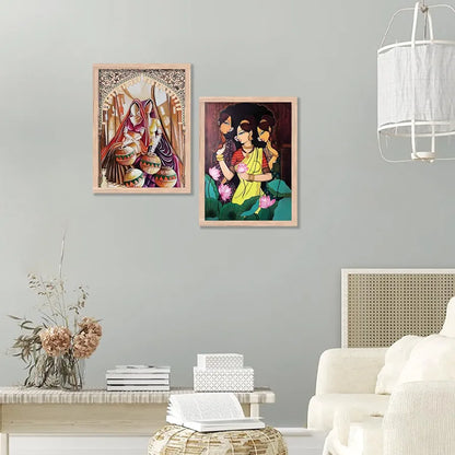 Kotart Traditional Woman Painting with Frame Madhubani Art Painting Pack of 2