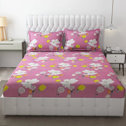 Fresh From Loom Floral Design Bed Spread With Pillow Covers Hypo-Allergenic Microfiber King Bedsheet For Double Bed Wrinkle Free Bedsheets Bedcover 144 TC Punch Pink
