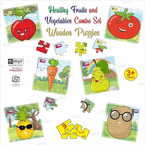 ABYZ Wooden Fruit and Vegetable Pineapple+Apple+Pear+Tomato+Potato+Carrpot Puzzle 9 Pieces (Set of 6)