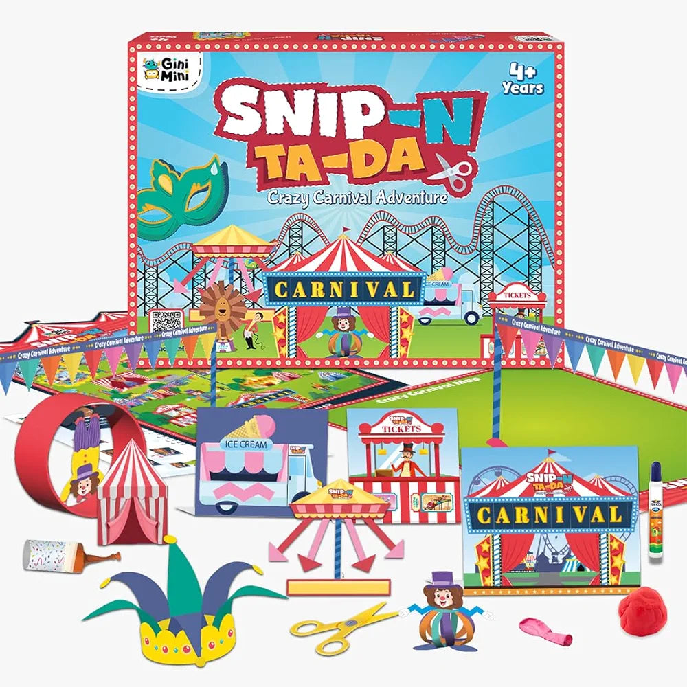 GiniMini Snip 'N' Ta-Da-Crazy Carnival – Scissor Activity Kit for Kids 4 5 6 7 | Fine Motor Development, Pre-Printed Craft Sheets, Child-Safe Snip Scissors, DIY Carnival Crafts | Fun Learning Gift