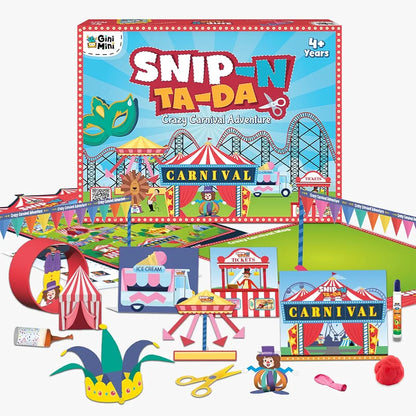 GiniMini Snip 'N' Ta-Da-Crazy Carnival – Scissor Activity Kit for Kids 4 5 6 7 | Fine Motor Development, Pre-Printed Craft Sheets, Child-Safe Snip Scissors, DIY Carnival Crafts | Fun Learning Gift