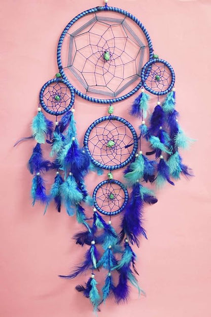 Asian Hobby Crafts Handcrafted Dream Catcher Wall Hanging With Natural Feathers Traditional Blue Boho Style for Room Decor