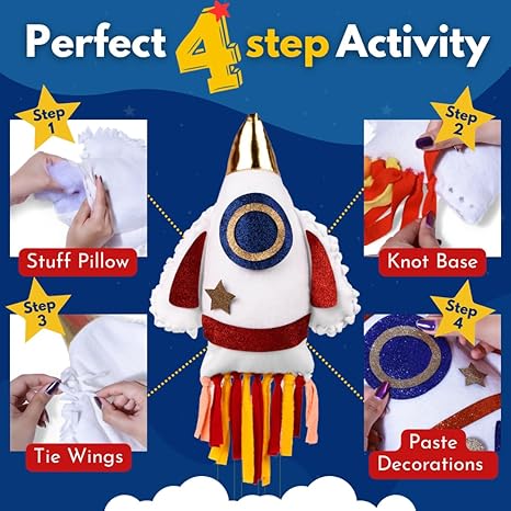 PepPlay Rocket Diy Pillow Kit 38-Piece Space Theme Activity Kit No Mess No Sewing Soft Cushion Toy