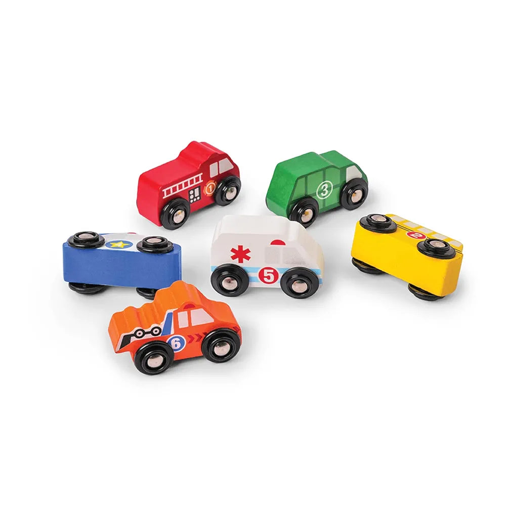 KIDS KINDLY Mini Vehicle Wooden Toys - Age 3 & Set of 6 Ambulance Wooden Small Toys for Kids, Cars Set Classic Rescue & Construction Vehicles Driving Cars for Boys Girls Educational Plays