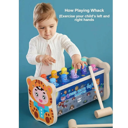 Trinkets & More Kids - Pounding Bench Hammer Toy Tiger Beats The Hamster Set 10 Pegs 2 Hammers 1 Year+ , Multicolor