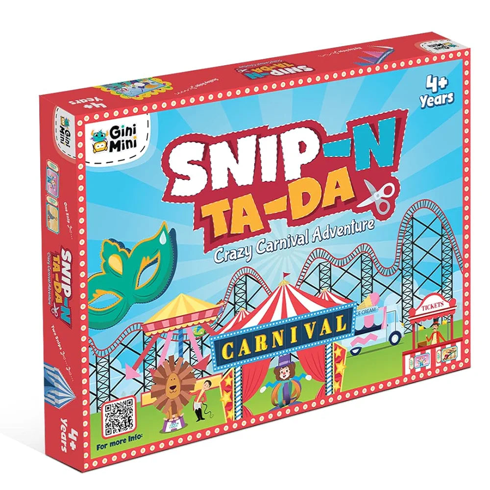 GiniMini Snip 'N' Ta-Da-Crazy Carnival – Scissor Activity Kit for Kids 4 5 6 7 | Fine Motor Development, Pre-Printed Craft Sheets, Child-Safe Snip Scissors, DIY Carnival Crafts | Fun Learning Gift