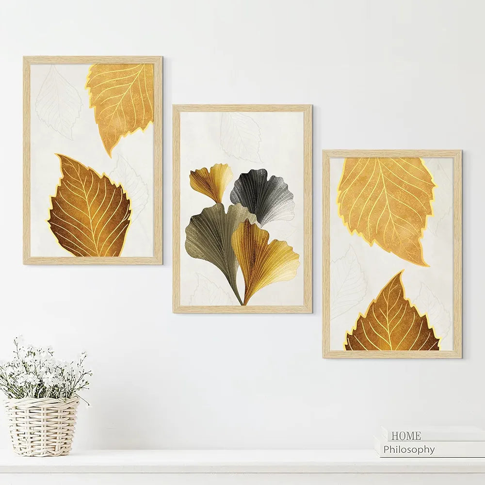 ArtX Paper Modern Art Wall Painting Big Size Leaves Framed Set Of 3