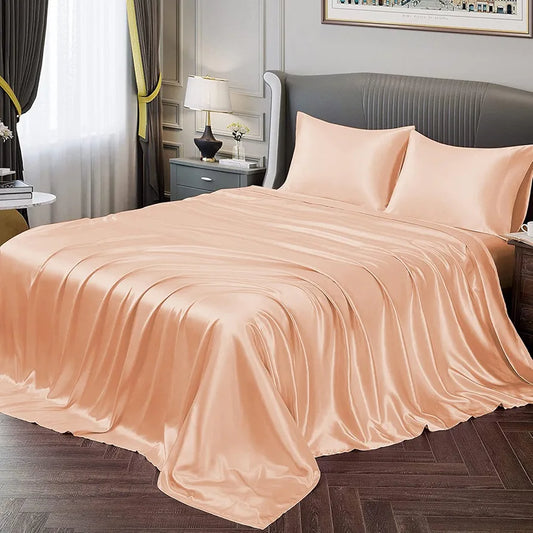 Cloth Fusion Satin Bedsheet for Queen Size Bed Set of 1 Satin Sheet 2 Pillow Covers Peach Colour