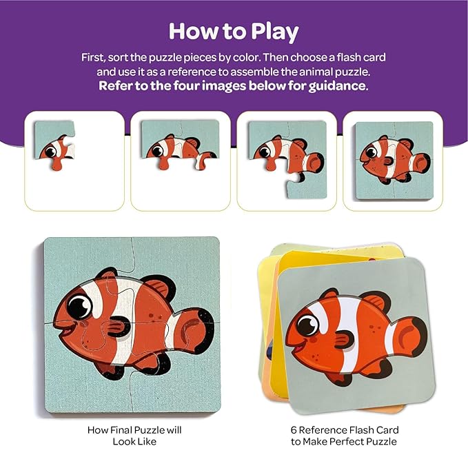 Mini Leaves 4 Piece Wooden Puzzle for Kids | Set of 6 Sea Animals Jigsaw Puzzle | Educational Puzzle Game