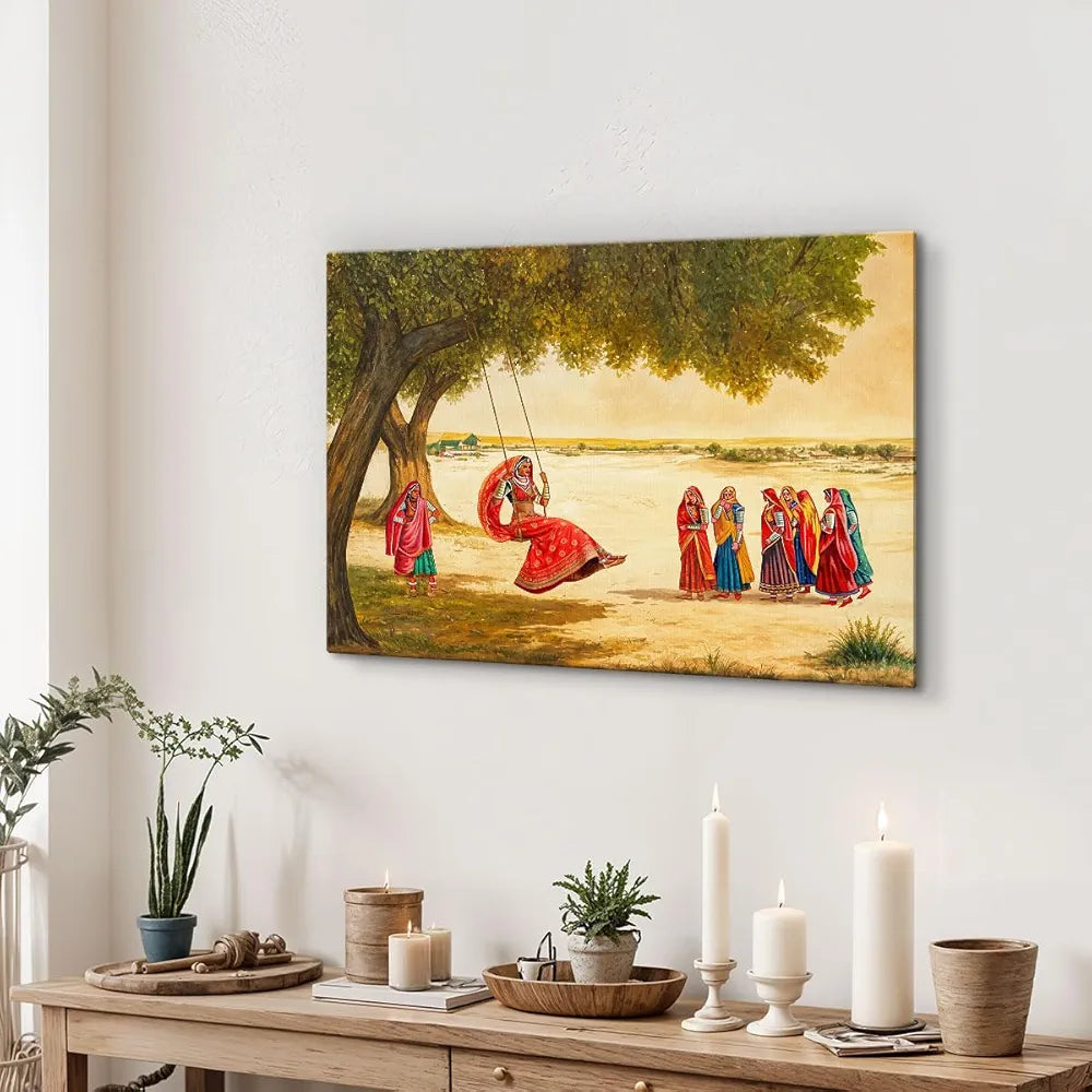 ArtX Paper Women on Swing Indian Village Scene AXDMD-0103-VIL Nature Wall Art Painting
