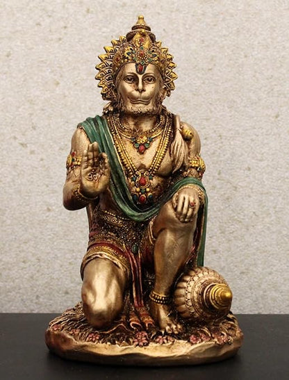 Indicast 7" Inch Hanuman Statue Sitting Metal Finish Idol Decorative Showpiece Handcrafted Hanuman Ji Murti