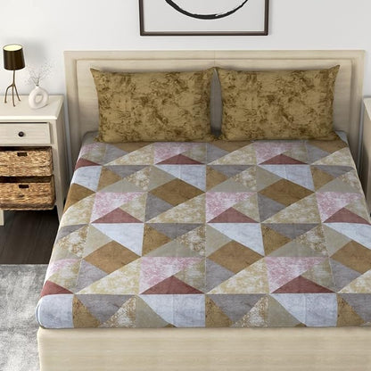 Huesland by Ahmedabad Cotton 186 TC Bedsheet for King Size Bed with 2 Pillow Covers | Green Ochre, Mulberry & Grey