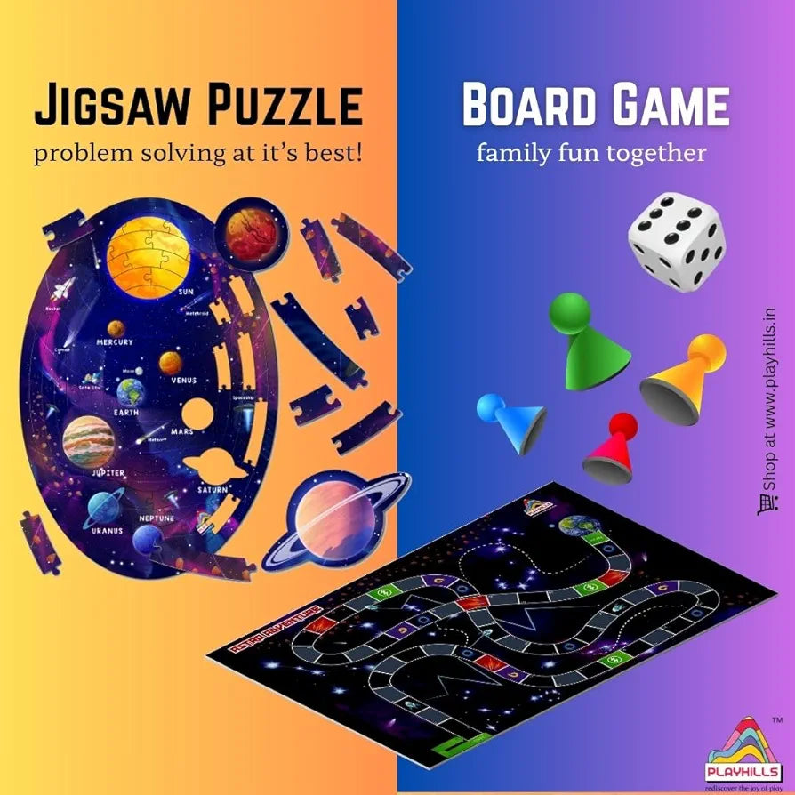 Playhills 2-in-1 Puzzle + Board Game, 108 pcs Solar System Jigsaw Puzzle with Astro Adventure Board Game for Children | Perfect Birthday & Learning Gift for Boys, Girls Age 6+ Years