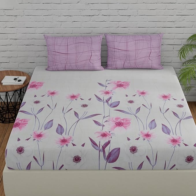 Huesland by Ahmedabad Cotton 144 TC Cotton Bedsheet for Double Bed King Size with 2 Pillow Covers | Orchid Bouquet & Purple