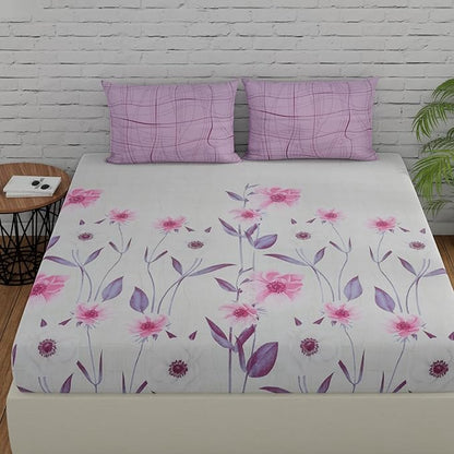 Huesland by Ahmedabad Cotton 144 TC Cotton Bedsheet for Double Bed King Size with 2 Pillow Covers | Orchid Bouquet & Purple