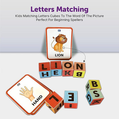 Mini Leaves Wooden Cube Blocks Learning Game With Flash Cards| Educational Toys for Kids 3+ Years | Spelling and Word Building Game