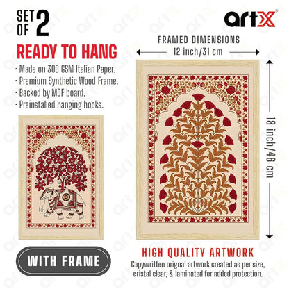 ArtX Paper Elephant Kalamkari Art Paintings with Frame Set of 2
