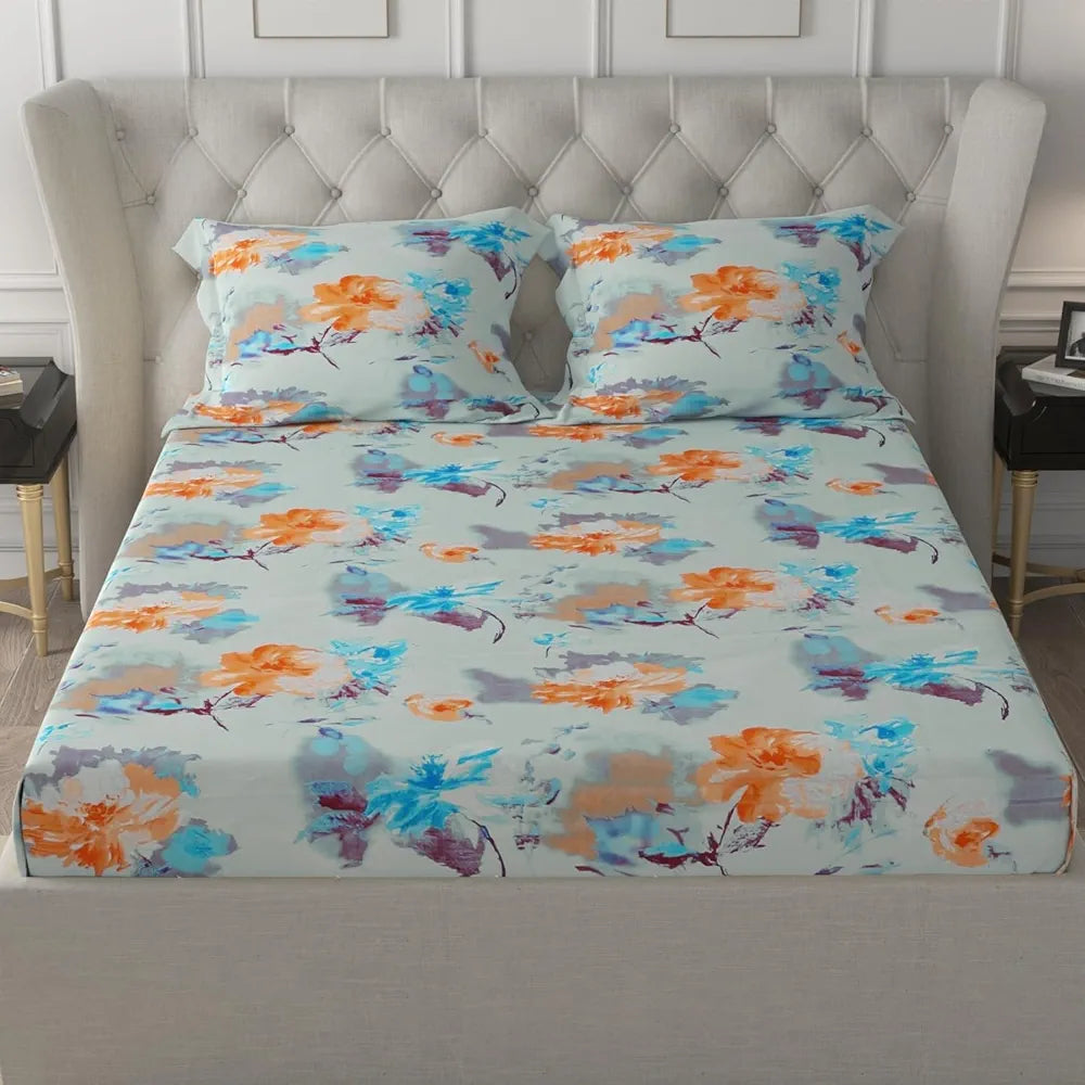 Cloth Fusion Glace Cotton Elastic Fitted Bedsheet for Double Bed King Size with 2 Pillow Covers Tropical Watercolor