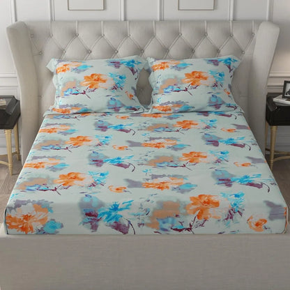 Cloth Fusion Glace Cotton Elastic Fitted Bedsheet for Double Bed King Size with 2 Pillow Covers Tropical Watercolor