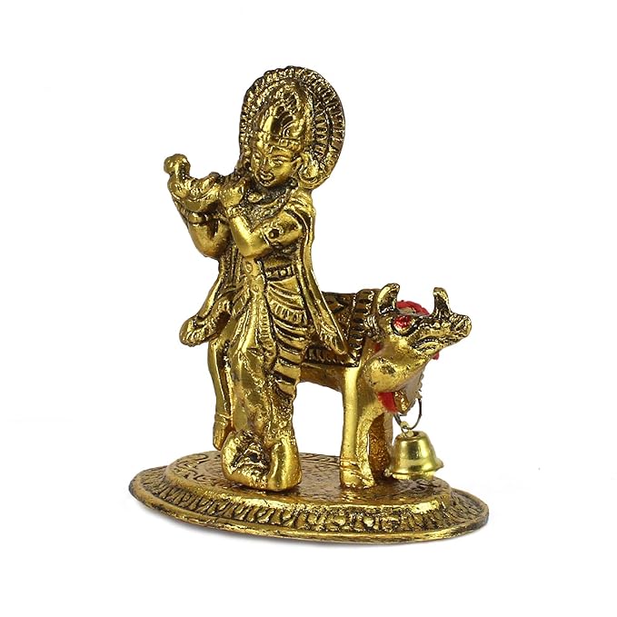 Ecraftindia  Lord Krishna Playing Flute With Golden Cow Showpiece | Metal | Golden